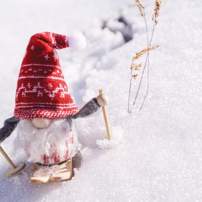 Zwerg mit Mütze auf Ski im Schnee.